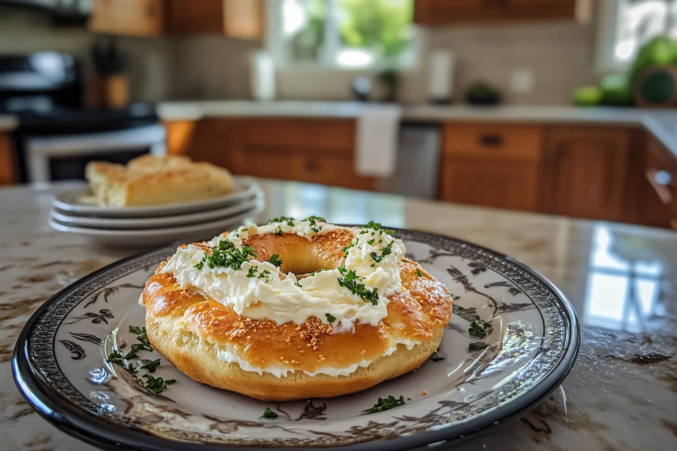 Bagel with Cream Cheese on a plate.