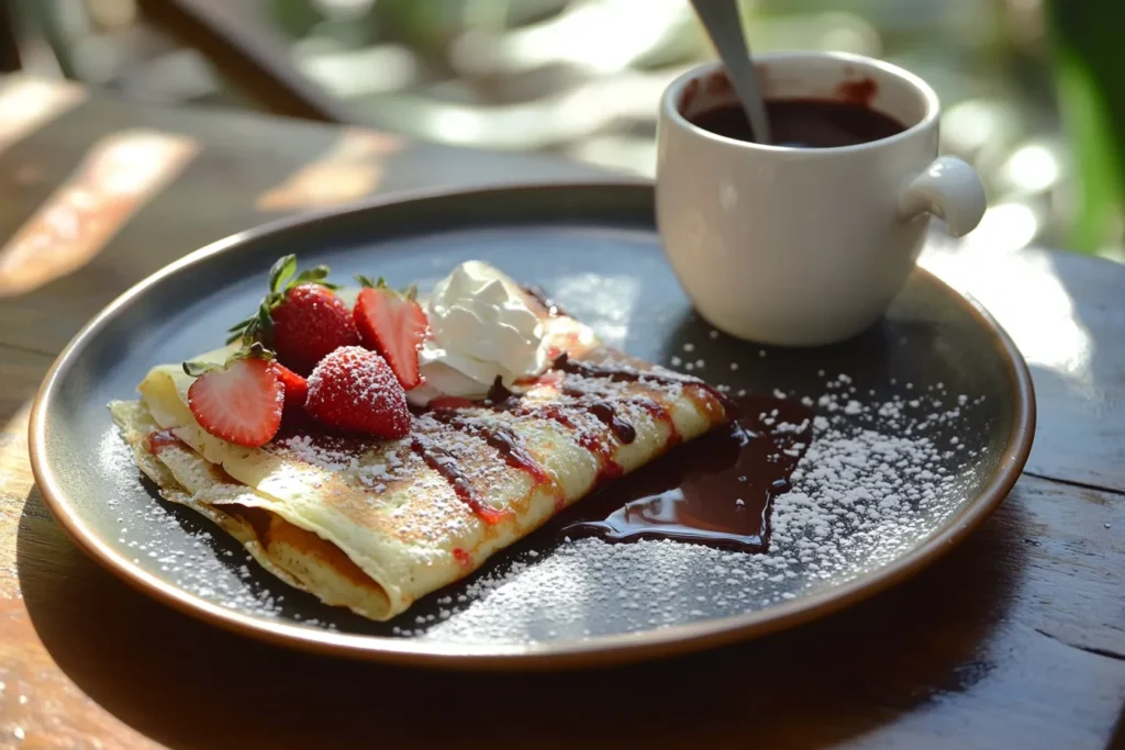 A crepe garnished with fresh strawberries, whipped cream, and powdered sugar, served with a cup of chocolate sauce