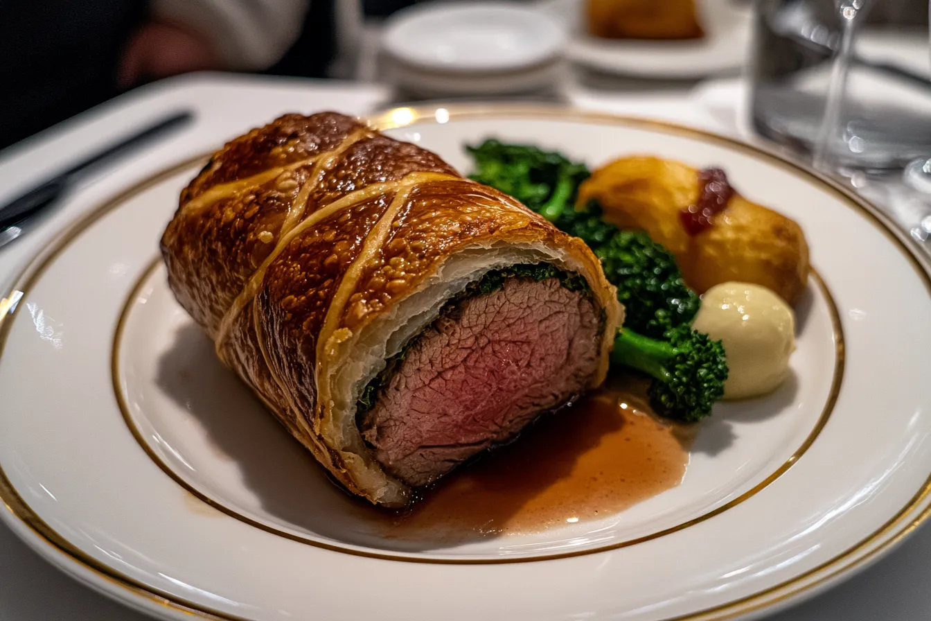 Beef Wellington on a plate with potato and asparagus.