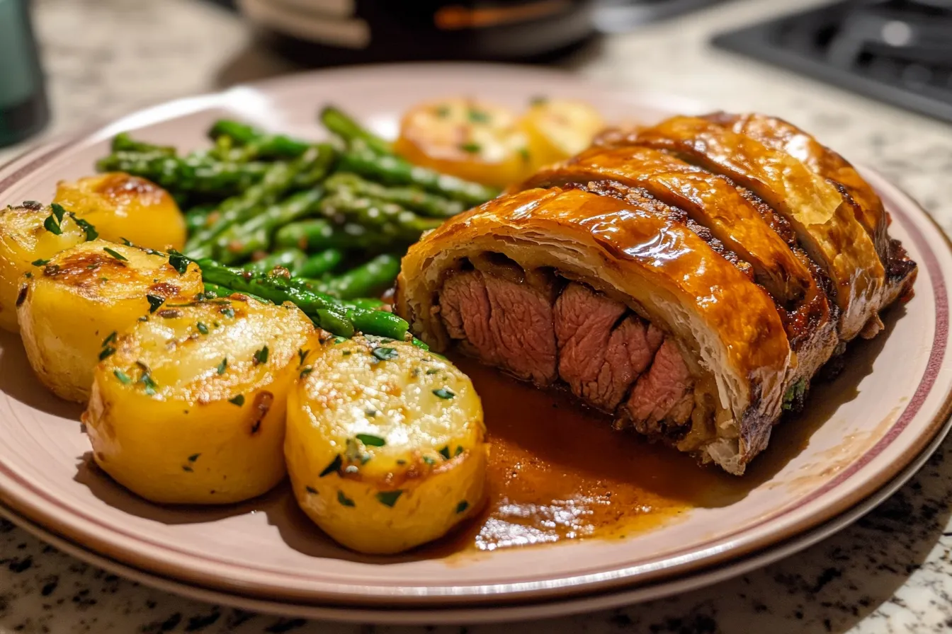 Beef wellington on a plate with potato and vegetable.