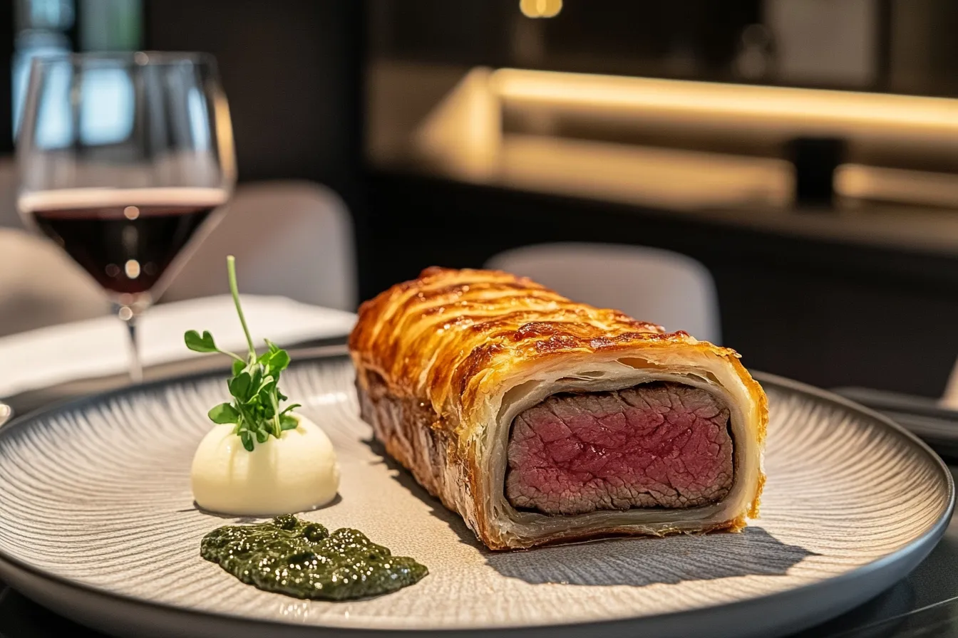 Beef Wellington on a plate with garlic and pesto