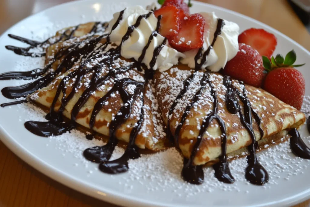 Crepes topped with strawberries, whipped cream, powdered sugar, and drizzled with chocolate sauce on a white plate