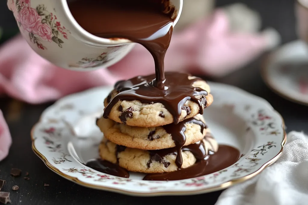 Chocolate gravy poured over crispy cookies