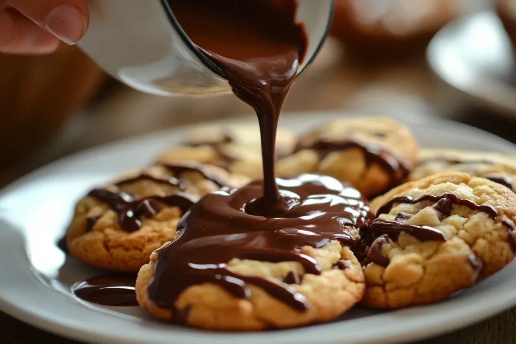 Close-up of chocolate gravy coating a stack of cookies