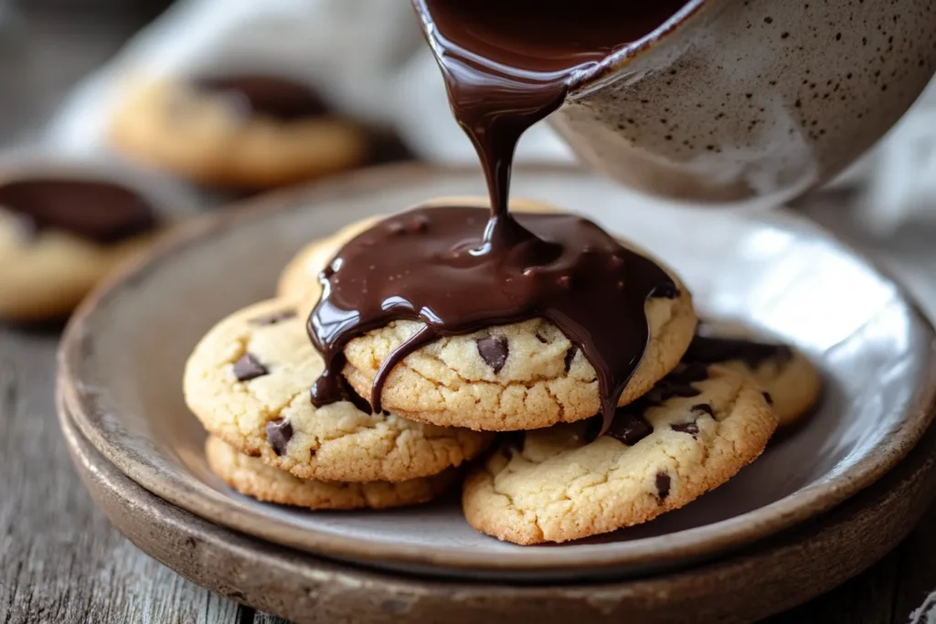 A stack of freshly baked cookies topped with melted chocolate and chocolate chips.
