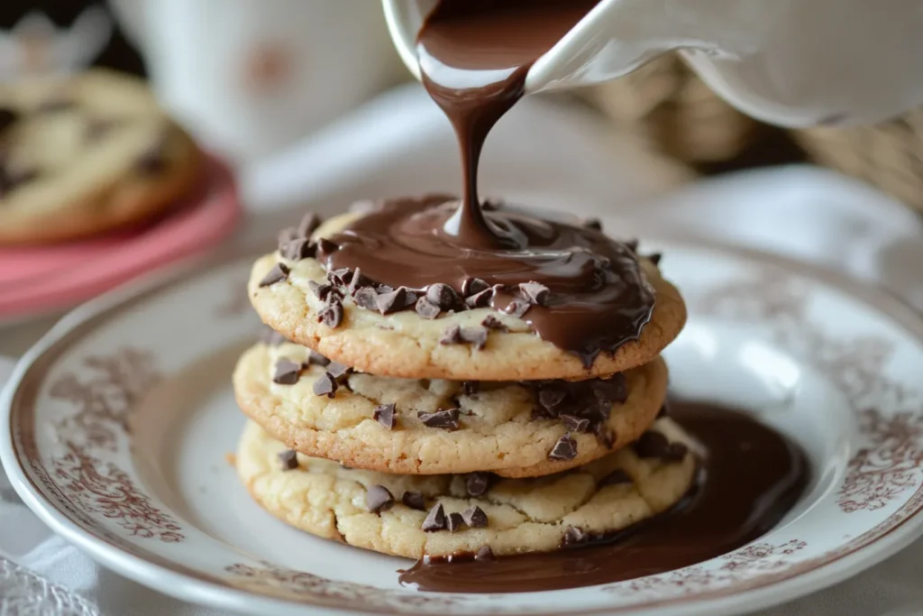Warm chocolate sauce being poured over soft, golden chocolate chip cookies