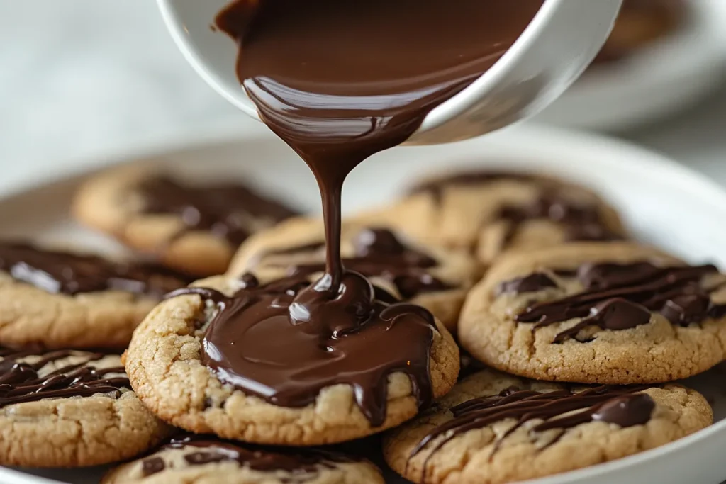 Plate of cookies drizzled with rich chocolate syrup and garnished with chocolate chips.