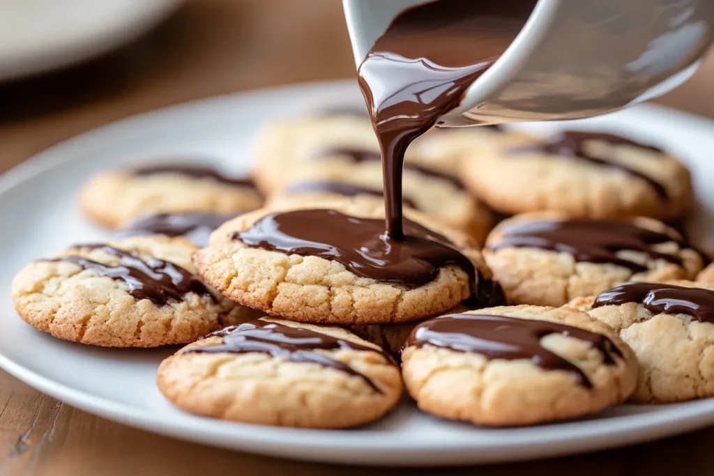 Thick melted chocolate gravy flowing over a single cookie surrounded by more cookies.