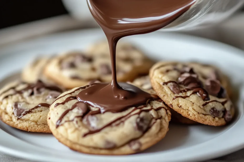 Stacked chocolate chip cookies on a decorative plate with chocolate gravy sauce poured on top.