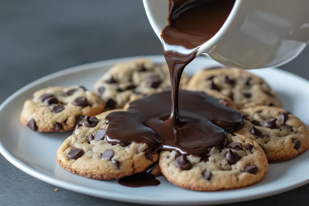 Cookies arranged on a rustic plate, topped with melted chocolate Gravy and chocolate chunks.