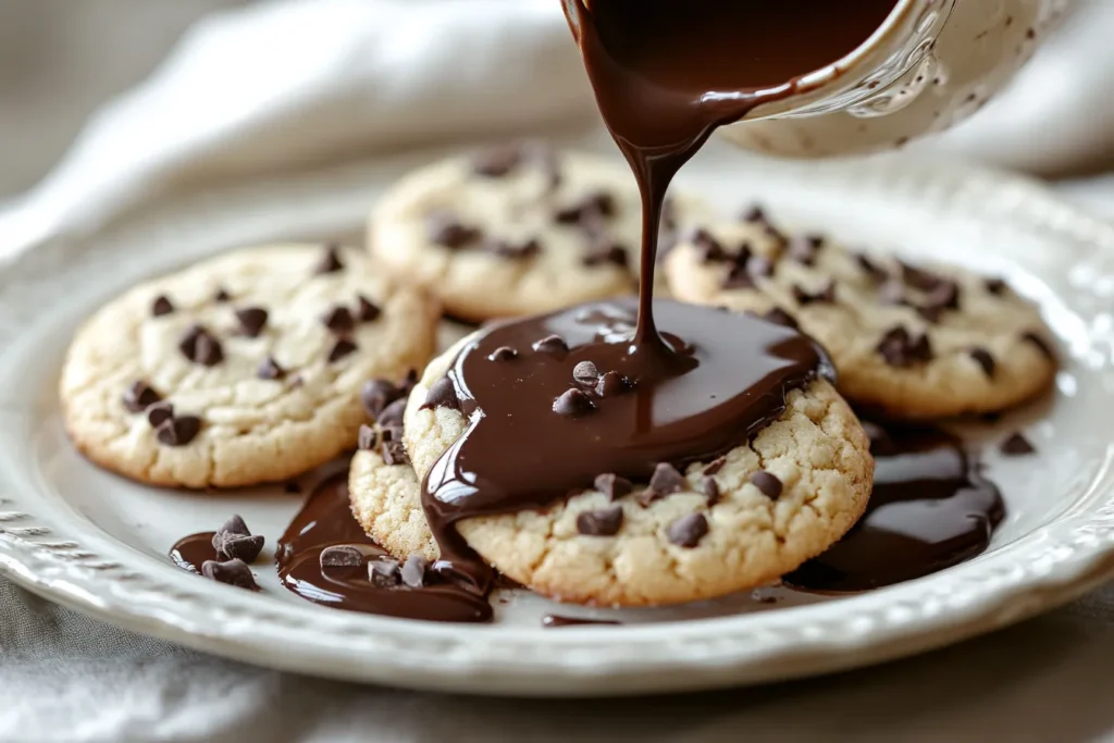 A cascade of molten chocolate gravy covering multiple cookies on a modern white plate.