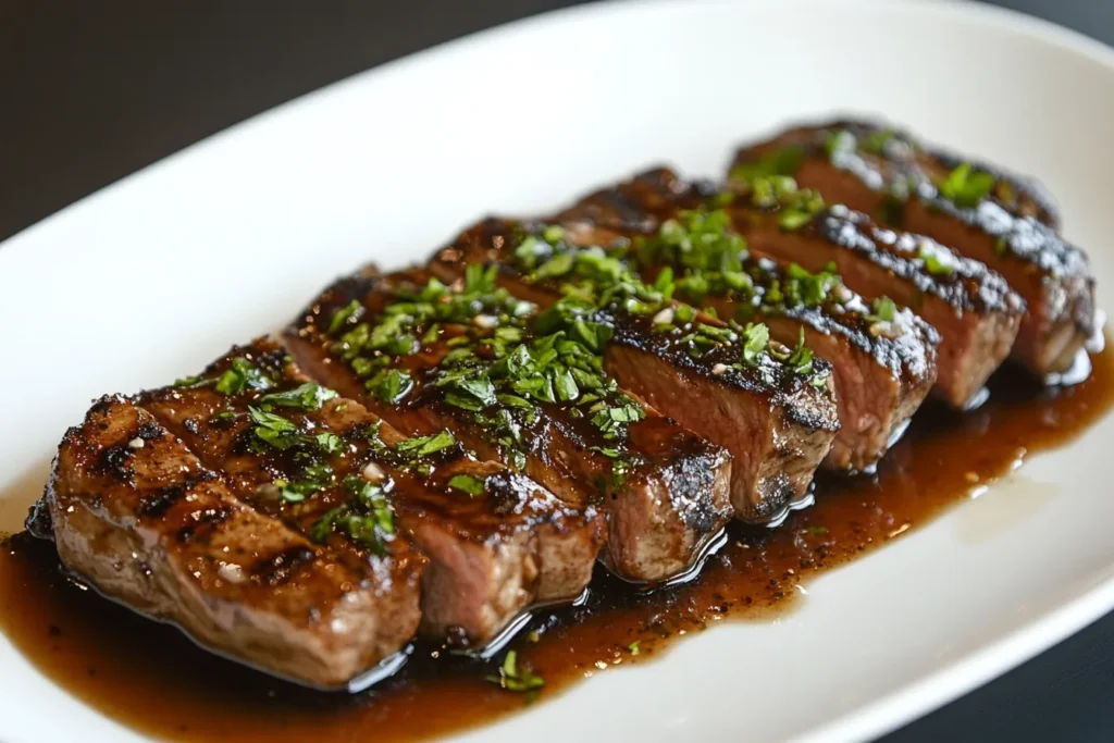 A juicy steak in a glass dish, being drizzled with a flavorful marinade that is dotted with spices, alongside freshly cooked asparagus.