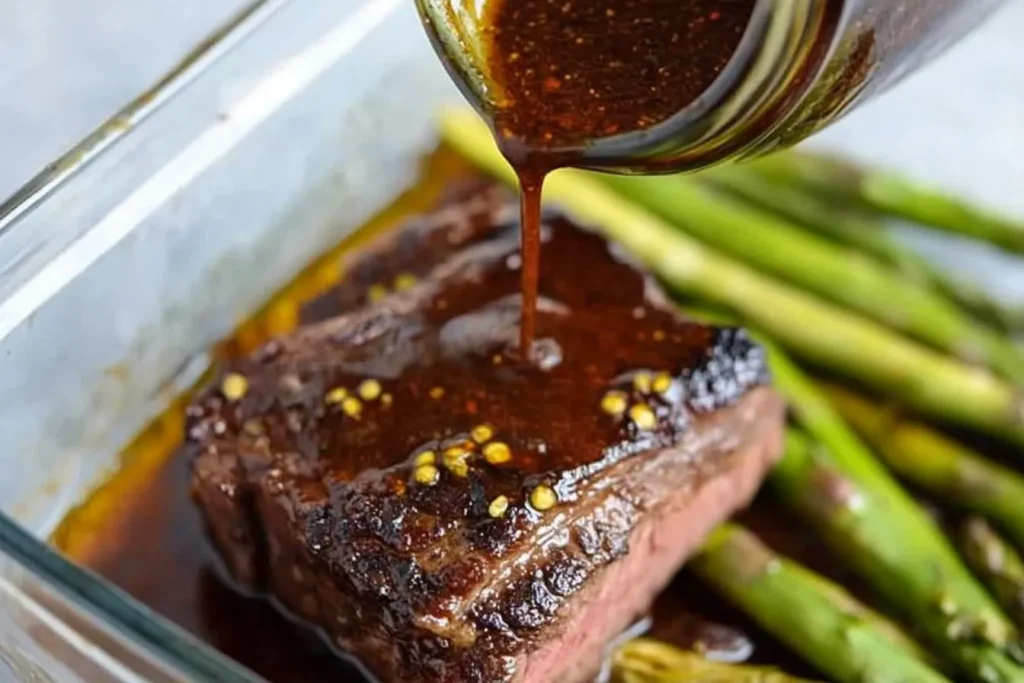 A tender filet of steak topped with a rich glaze, accompanied by vibrant green asparagus spears, plated elegantly on a minimalist dish.