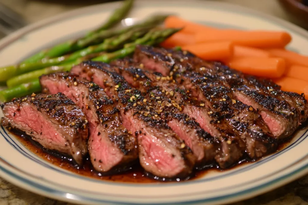 Slices of medium-rare steak seasoned with cracked pepper and spices, served on a plate with bright green asparagus and steamed carrots for a colorful presentation.