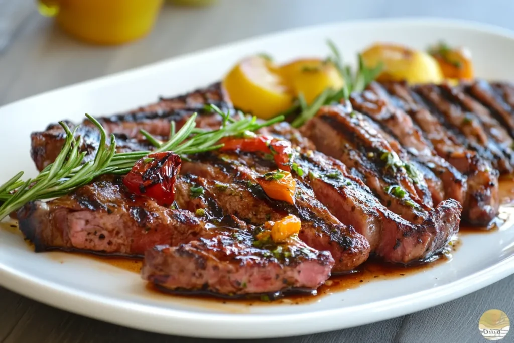 Juicy grilled steak slices garnished with fresh rosemary and roasted cherry tomatoes, served on a white plate alongside lemon slices.
