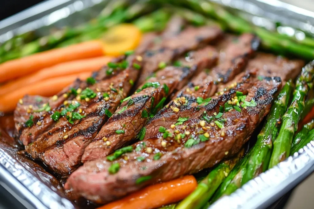 Tender steak strips with grill marks, sprinkled with herbs and spices, paired with glazed carrots and asparagus in a silver tray.