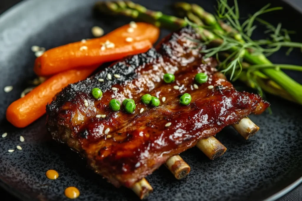 A rack of ribs coated with a glossy barbecue glaze, topped with peas and sesame seeds, accompanied by roasted carrots and asparagus on a dark plate