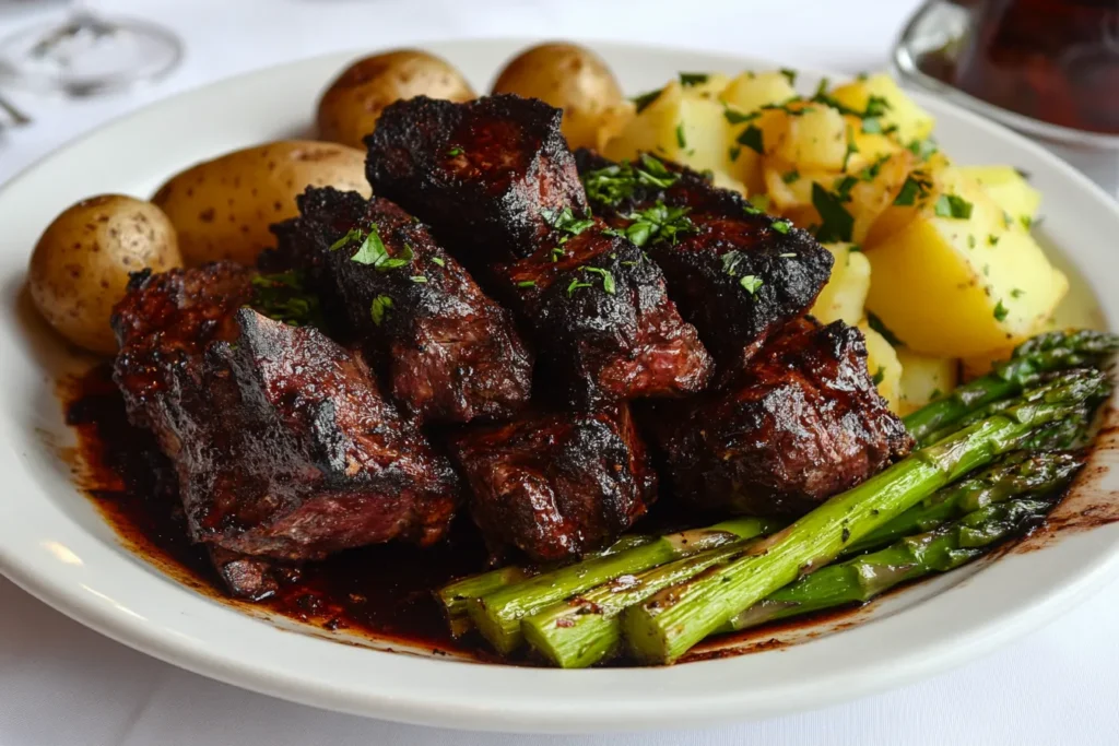 Succulent steak chunks coated in a savory sauce, paired with roasted asparagus and herbed potatoes, presented on a white plate for an elegant dining experience.