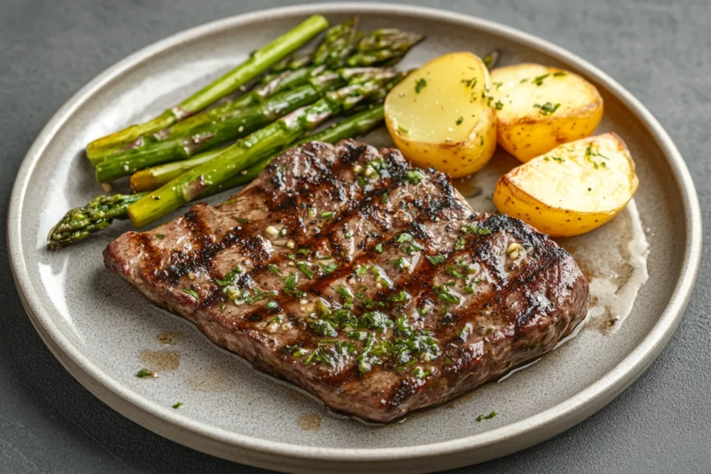 A grilled steak with beautiful char lines, garnished with herbs, served alongside roasted baby potatoes and asparagus on a neutral gray plate