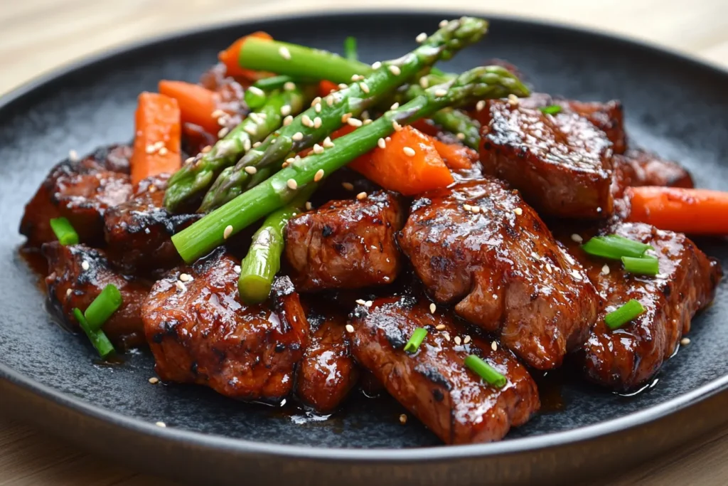 Bite-sized steak pieces glazed in a rich sauce, garnished with sesame seeds and green onions, paired with roasted carrots and asparagus on a dark plate.