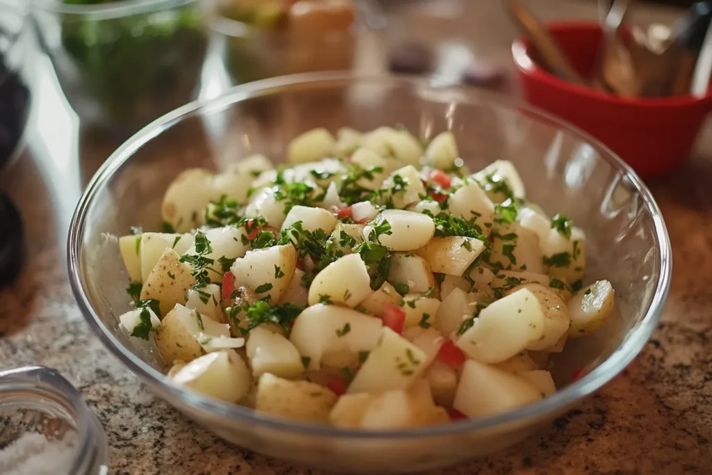 A bowl of herb-infused potato salad with diced potatoes and chopped vegetables, garnished with fresh parsley.