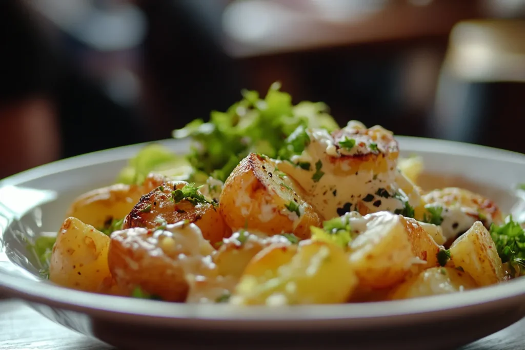 Roasted potato salad with a creamy dressing, topped with fresh parsley in a white dish.