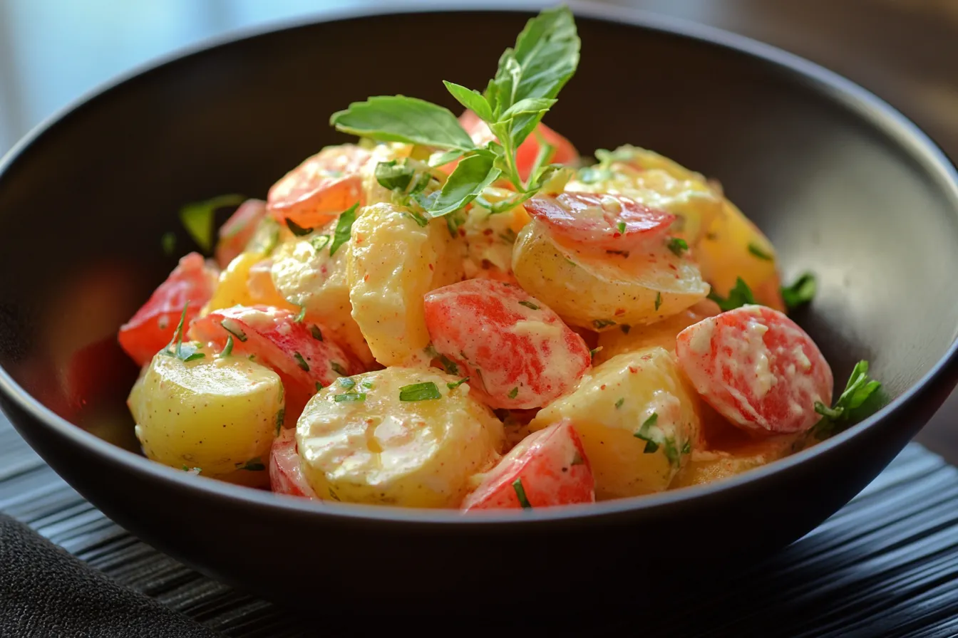 A colorful potato salad with sliced carrots and herbs, garnished with fresh basil in a black bowl.