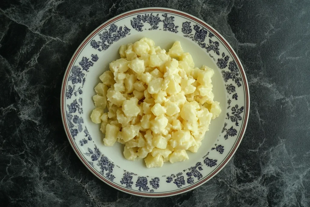 A plate of creamy potato salad served on a vintage floral-patterned plate.