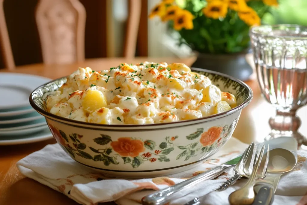 Decorative ceramic bowl filled with creamy potato salad, garnished with fresh parsley and a sprinkle of paprika, set on a wooden dining table with floral accents and cutlery