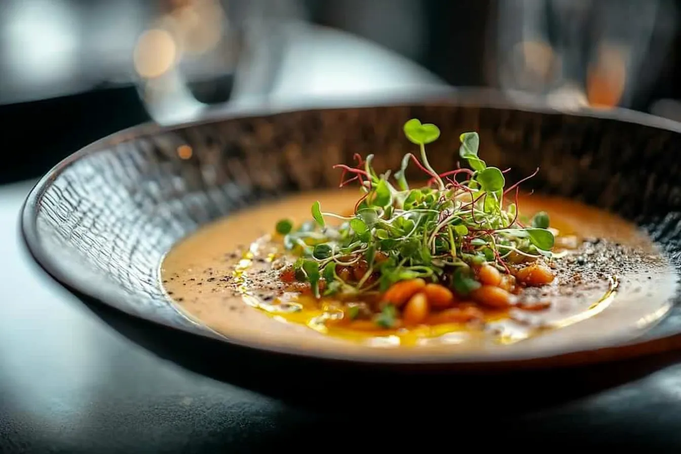A stylish black bowl filled with Pasta e Fagioli soup, garnished with vibrant microgreens, cracked black pepper, and a drizzle of olive oil, set against a blurred restaurant background.