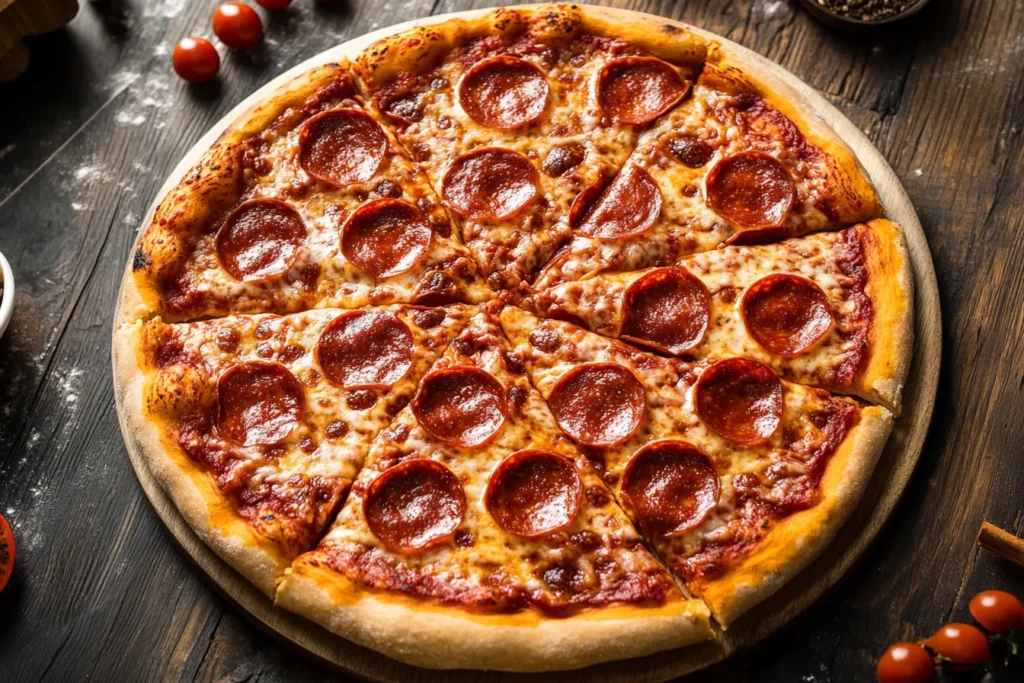 A classic pepperoni pizza with a golden crust, rich tomato sauce, and evenly distributed pepperoni slices, served on a rustic wooden board.