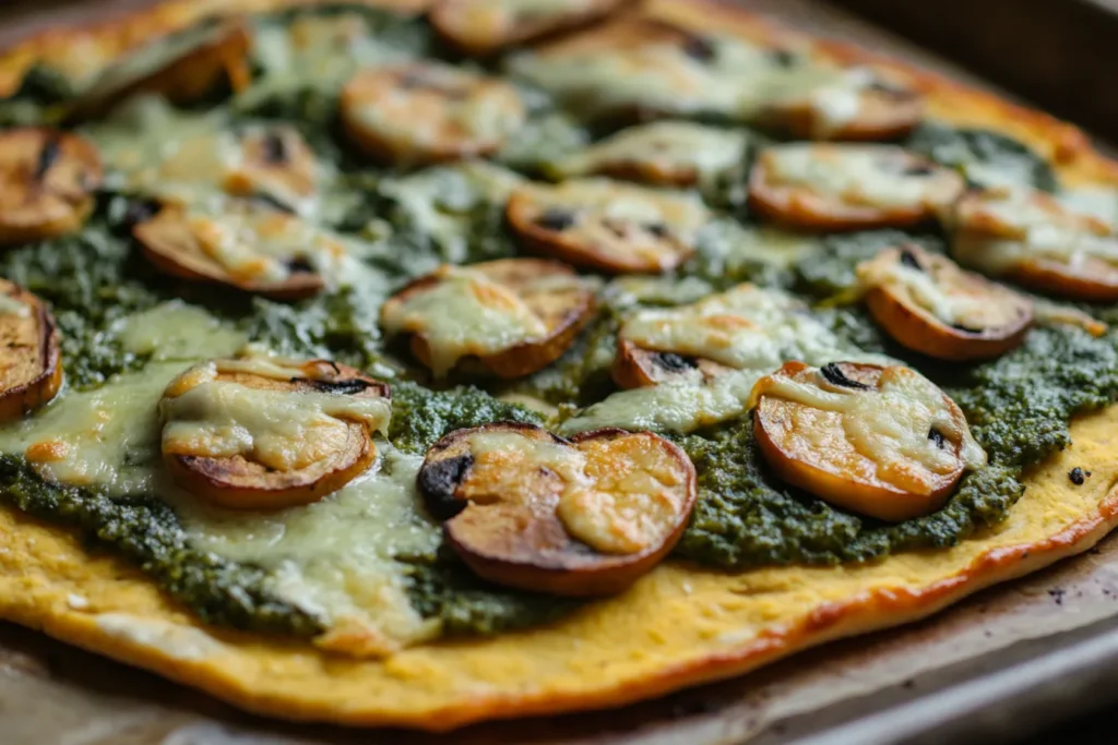 A vibrant pesto-based pizza featuring roasted mushrooms and melted cheese, laid atop a golden, gluten-free crust.