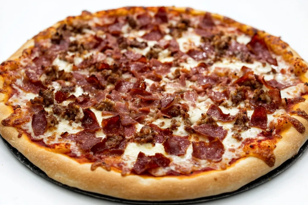 A hearty meat lover’s pizza topped generously with crispy bacon, sausage crumbles, and melted cheese, served on a perfectly baked crust.
