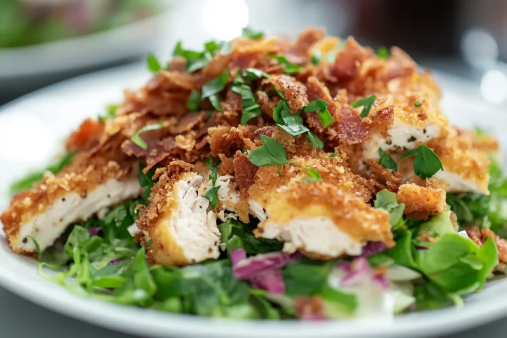 Crispy chicken pieces layered with crunchy bacon bits, fresh parsley, and greens, creating a savory, texture-rich salad.