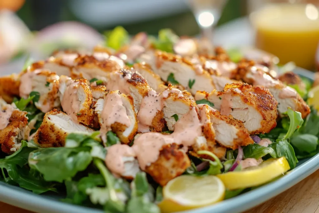 A vibrant platter of crispy chicken slices drizzled with a creamy pink sauce, served over a bed of mixed greens and garnished with lemon slices.