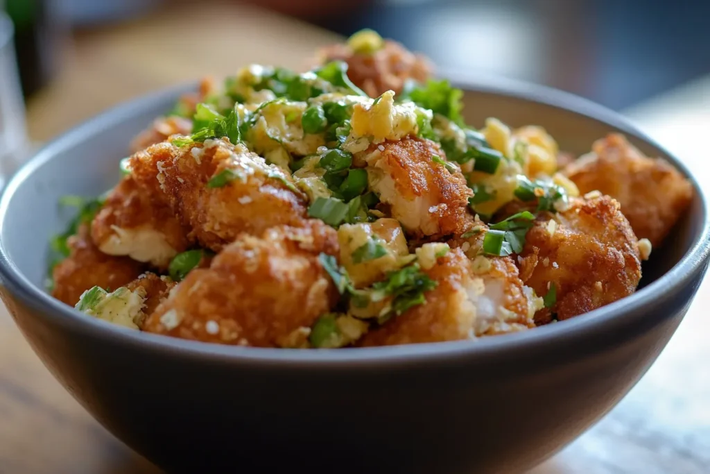 A close-up of golden, crispy chicken bites tossed with fresh herbs and a light, creamy dressing in a bowl.