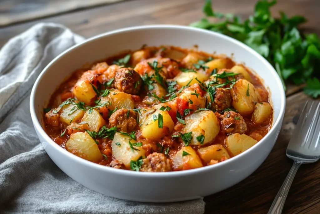 A comforting bowl of Italian sausage stew with tender potato pieces, sausage chunks, and a vibrant tomato sauce, garnished with parsley