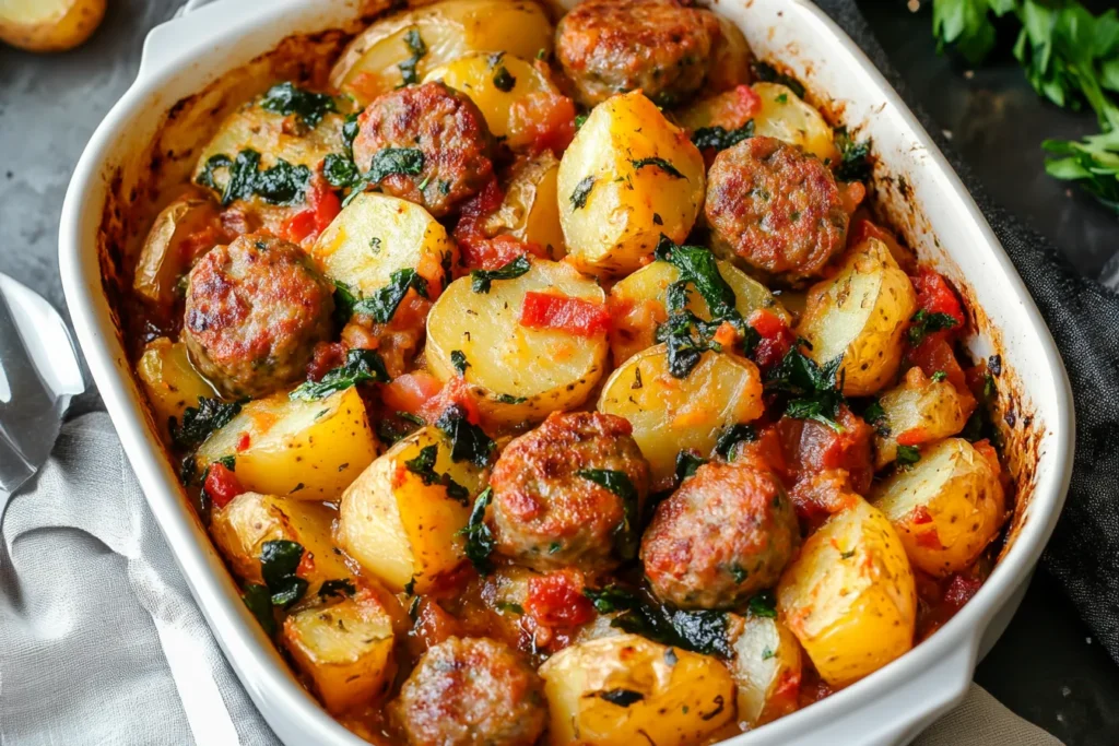 A casserole dish filled with baked Italian sausage, potatoes, and spinach, cooked with a rich tomato-based sauce and garnished with herbs.