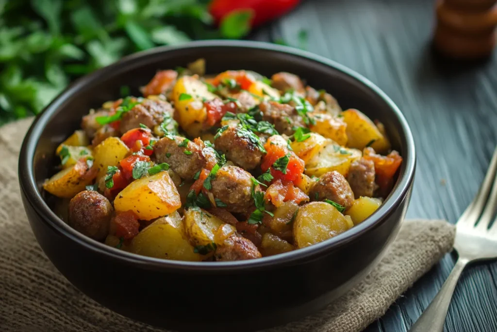 A hearty bowl of Italian sausage and potato casserole with chunks of sausage, tomatoes, and potatoes, topped with a sprinkle of fresh herbs.