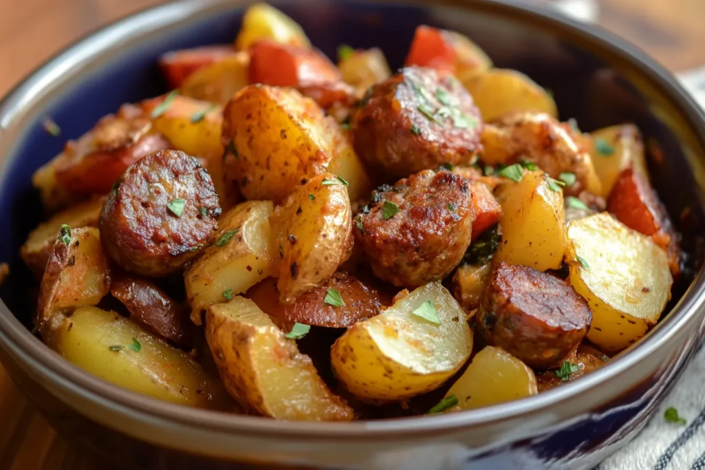 A rustic bowl of Italian sausage casserole featuring golden-brown sausage slices, roasted potatoes, and garnished with fresh parsley.
