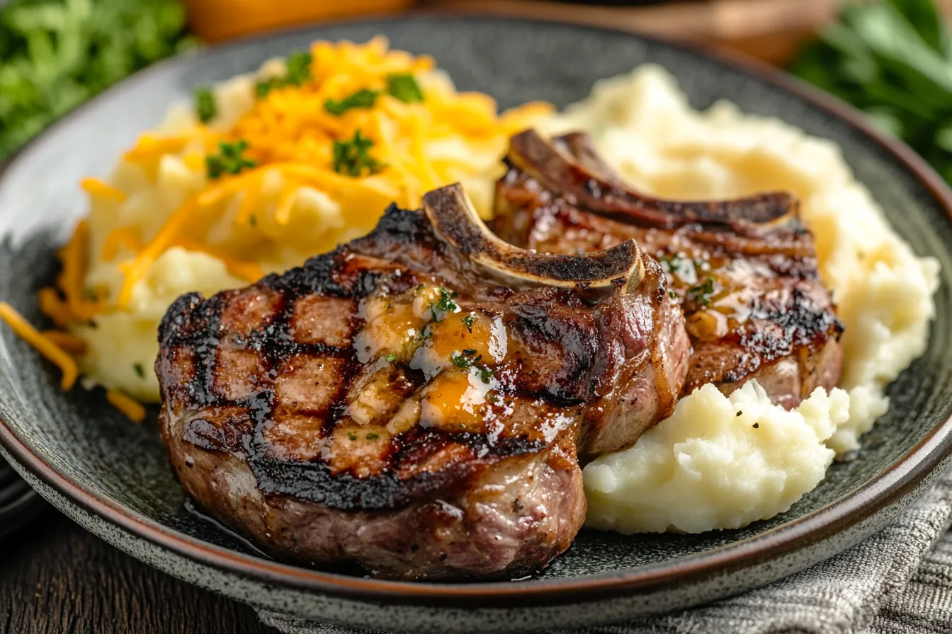 Grilled lamb shoulder chops served with creamy mashed potatoes on a dark plate