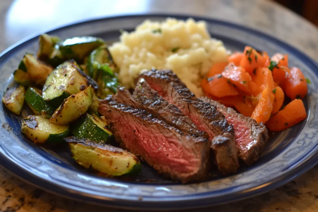 Tender slices of skirt steak on a plate with seasoned zucchini, roasted carrots, and fluffy rice, creating a colorful and hearty meal.
