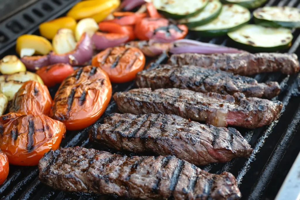 Skirt steak with a caramelized crust grilled alongside vibrant tomatoes, zucchini, onions, and bell peppers.