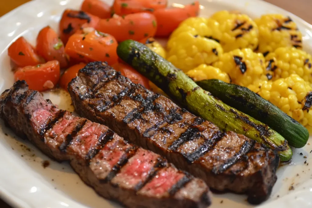 Juicy skirt steak with grill marks, paired with charred zucchini, fresh tomatoes, and grilled corn rounds on a white plate.
