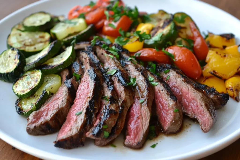 Grilled skirt steak sliced and served with roasted zucchini, cherry tomatoes, and bell peppers on a white plate, garnished with fresh herbs.