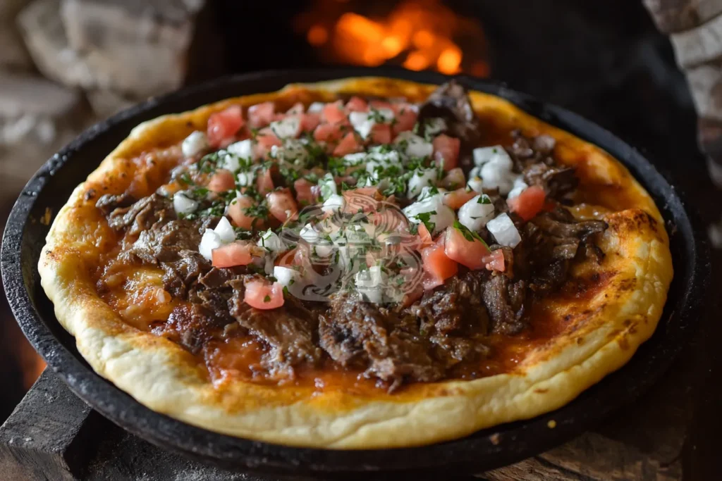 A birria pizza topped with chopped tomatoes, onions, and cilantro on a crispy crust, served on a hot plate.