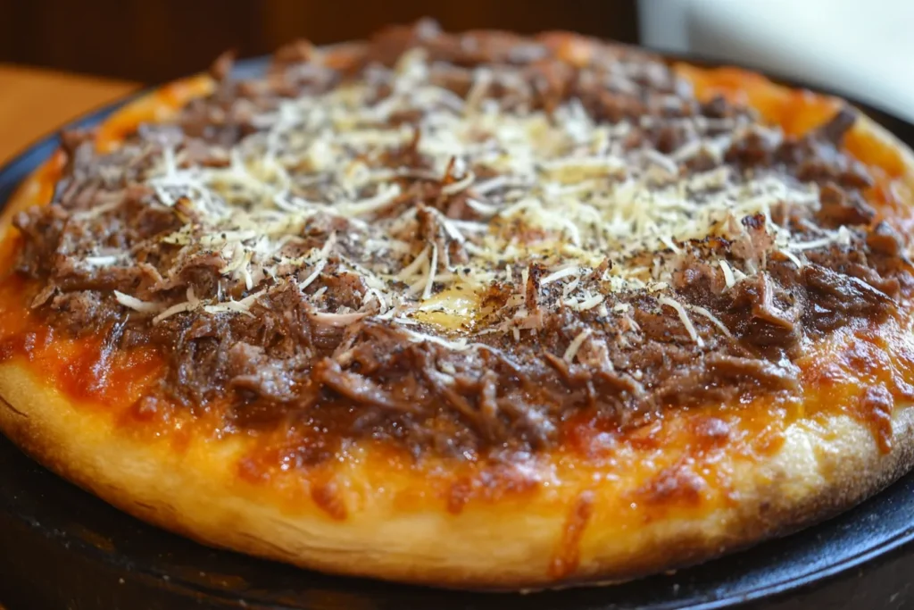 A birria pizza with shredded meat and melted cheese, sprinkled with grated cheese, on a golden crust.