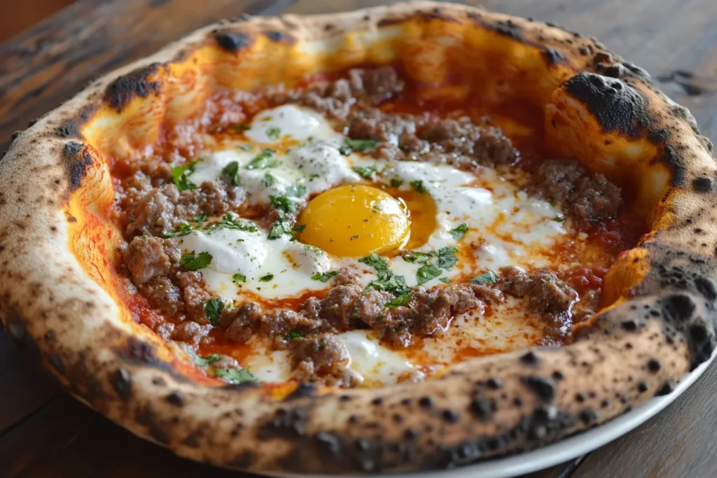 A wood-fired pizza featuring ground sausage, baked egg, and melted cheese with a charred crust.