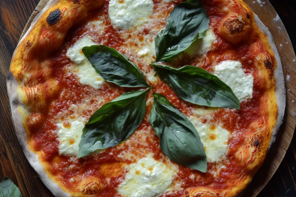 A classic margherita pizza with melted mozzarella, tomato sauce, and fresh basil leaves.