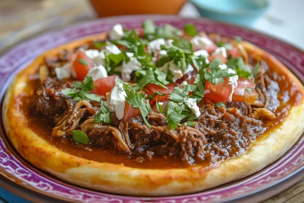 Birria Pizza with juicy, slow-cooked birria meat, creamy cheese, diced tomatoes, and fresh cilantro, served on a decorative plate
